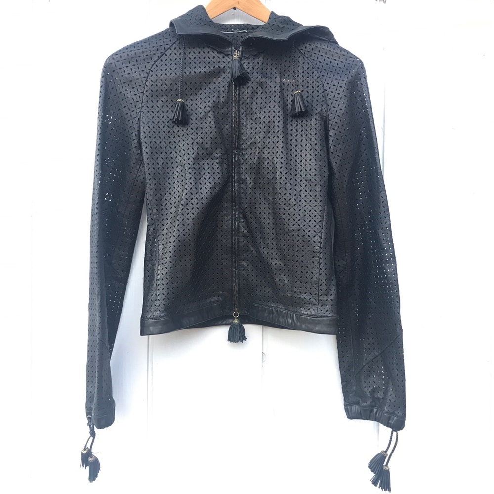 Versace Perforated Leather Jacket with Tassels and Hood - Picture 2 of 13